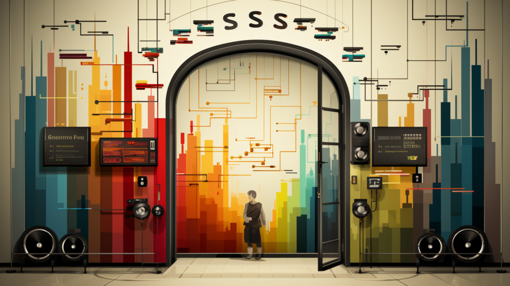 An illustrative representation of Sound Transmission Class (STC) in doors. On the left side, a door with a low STC rating allows sound waves to easily pass through gaps, indicating poor soundproofing. On the right side, a door with a high STC rating effectively blocks sound waves, showcasing superior soundproofing. Visual elements such as sound waves, a decibel scale, and a prominent STC rating emphasize the impact of different STC ratings on sound transmission.