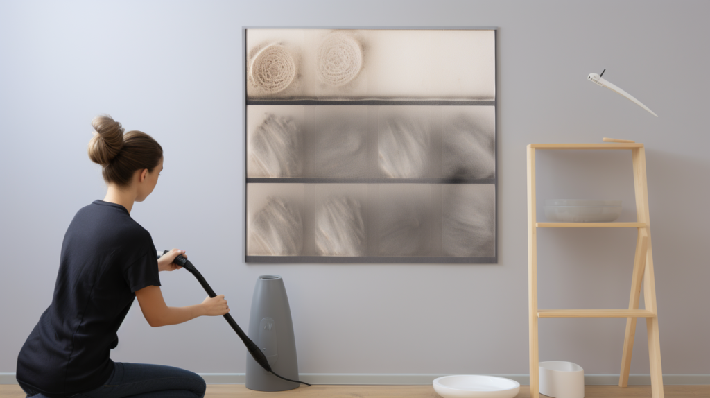 A visual guide to cleaning polyester acoustic panels. The first frame shows a person gently vacuuming the surface with a brush attachment to remove surface-level dust and dirt. The second frame illustrates the use of a mild detergent solution applied with a soft cloth for stubborn stains. An inset image demonstrates a patch test in an inconspicuous area to ensure the cleaning solution's compatibility. Alternative text: Step-by-step visual guide to cleaning polyester acoustic panels, including vacuuming, applying a mild detergent solution, and conducting a patch test for compatibility