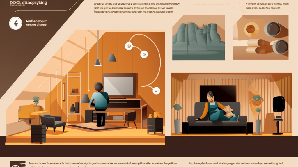 Visual guide with icons and tips for serious soundproofing. Icons represent 'Assess the Noise Source,' 'Understand the Space,' 'Don't Overlook the Details,' 'Combine Materials and Techniques,' and 'Seek Expertise.' Captions provide brief summaries of each tip, aiding in creating effective soundproofing strategies