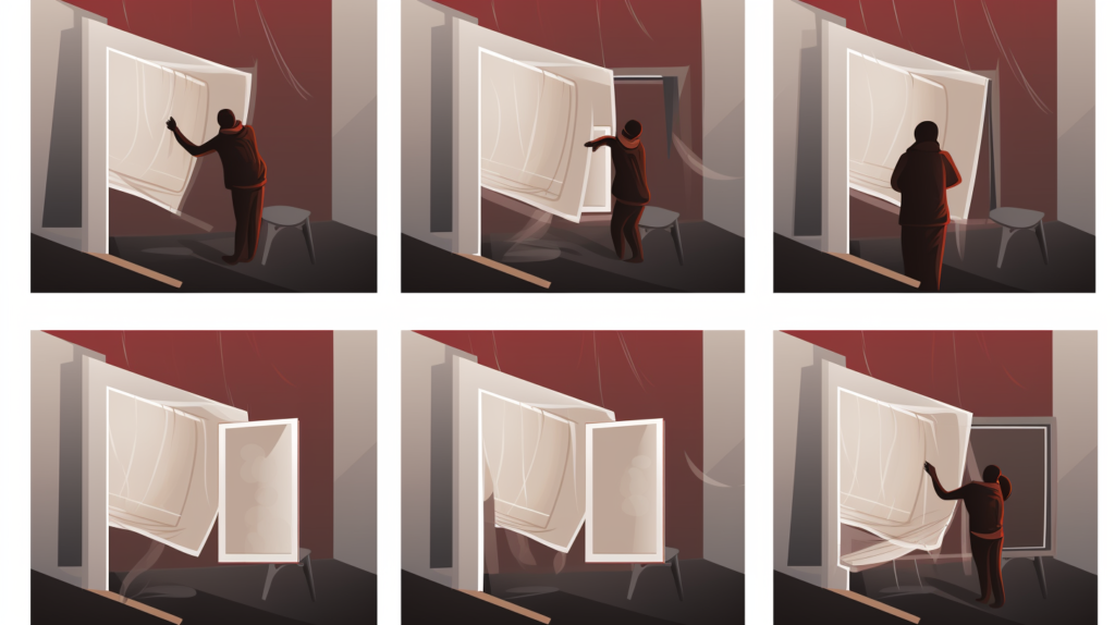 A visual guide to post-cleaning steps for acoustic treatments. The first frame shows the treatments fully dry in a well-ventilated area. In the second frame, a final inspection is depicted, ensuring no cleaning residue and checking the condition of all components. The third frame illustrates the careful reinstallation of the treatments, emphasizing securely fastening mounts or fasteners. Alternative text: Step-by-step visual guide to post-cleaning steps for acoustic treatments, including drying, final inspection, and careful reinstallation with a focus on securely fastening mounts or fasteners