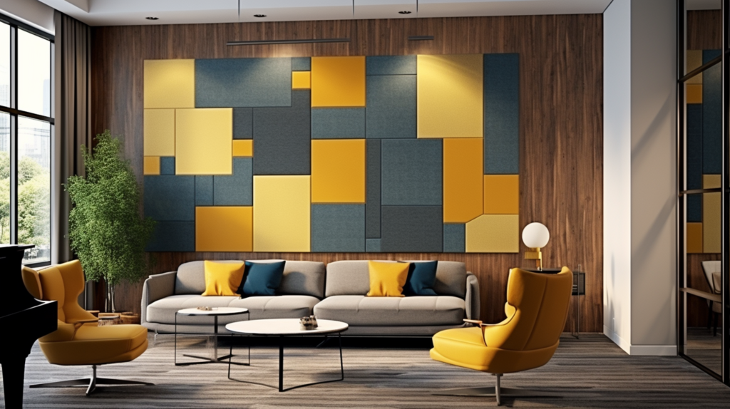 An engaging image illustrating the dual benefits of decorating acoustic panels. The visuals showcase well-decorated panels seamlessly blending with room decor, contributing to a visually cohesive and acoustically pleasing environment. The image emphasizes the positive impact on both residential and commercial spaces, highlighting the importance of combining aesthetics with acoustic functionality