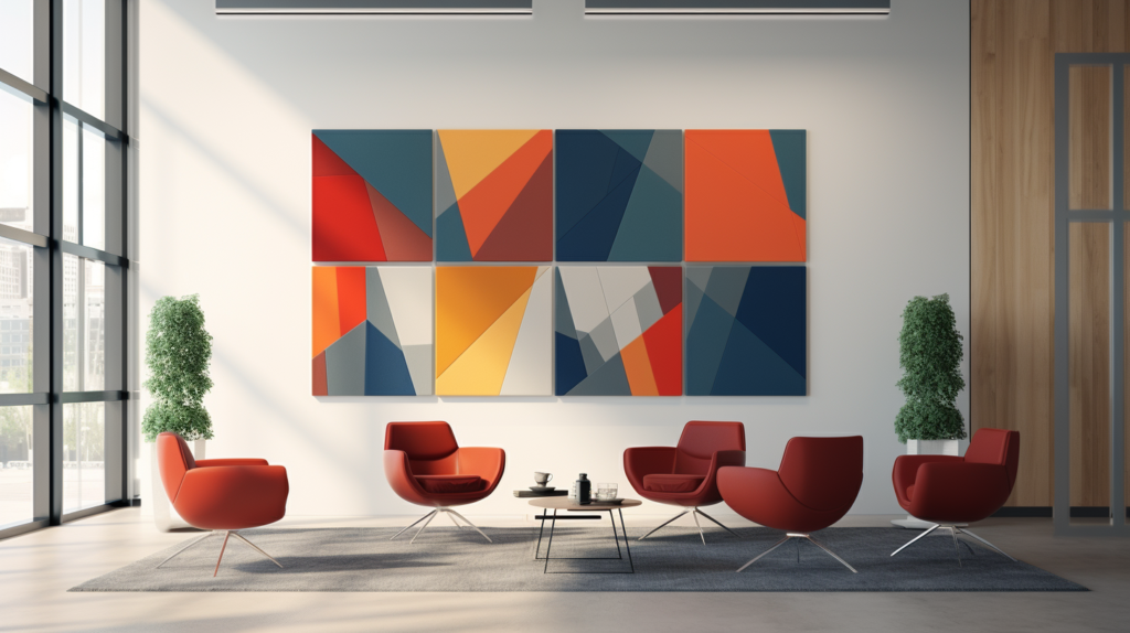 An illustrative image capturing the integration of artwork or prints into acoustic panels. Showcasing art acoustic panels with diverse designs, including landscapes, floral patterns, and abstract artwork. The image emphasizes the seamless combination of art and functionality, portraying these panels as both effective acoustic solutions and visually appealing decor. Different placement options within various settings, such as offices, home theaters, and residential spaces, are depicted to highlight the versatility of art acoustic panels