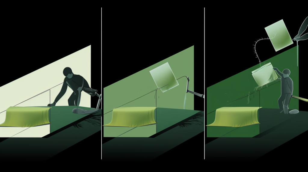 A step-by-step visual guide to cleaning corner bass traps. The first frame shows a person using a vacuum cleaner with a soft brush attachment to remove surface dust. In the second frame, a mild detergent solution is prepared. The third frame illustrates the careful application of the cleaning solution with a damp cloth, emphasizing the importance of avoiding oversaturation. An inset image demonstrates the potential issues of oversaturation, including deformation and mold growth. The final frame depicts the corner bass traps completely dry in a well-ventilated area before reinstallation. Alternative text: Step-by-step visual guide to cleaning corner bass traps, including vacuuming, preparing a mild detergent solution, applying with a damp cloth, avoiding oversaturation, and ensuring complete dryness before reinstallation