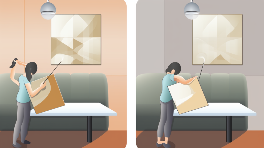 A visual tutorial on cleaning fabric-wrapped acoustic panels. The first frame shows a person gently vacuuming with a brush attachment to remove loose dust. In the second frame, a soft cloth is used to apply a fabric cleaner to address stains, emphasizing gentle blotting instead of rubbing. An inset image demonstrates a patch test in a discreet area to ensure the cleaner's compatibility without causing discoloration. Alternative text: Step-by-step visual guide to cleaning fabric-wrapped acoustic panels, including vacuuming, applying fabric cleaner, and conducting a patch test for compatibility.