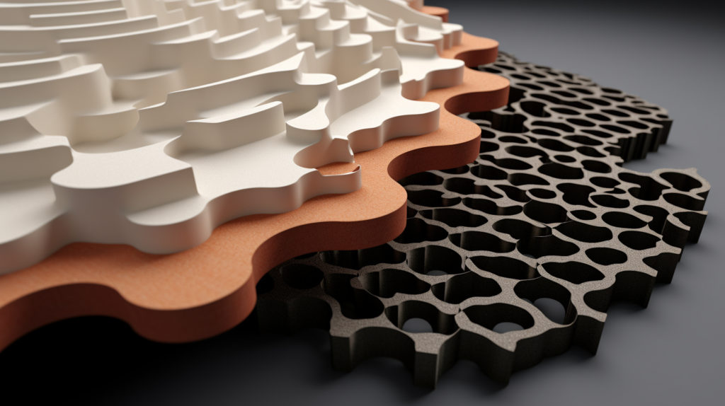 An illustrative image explaining the common materials used in acoustic foam panels. The image features the synthetic polymer polyurethane, the primary material in acoustic foam, emphasizing its highly flexible nature and cellular structure designed for sound absorption.