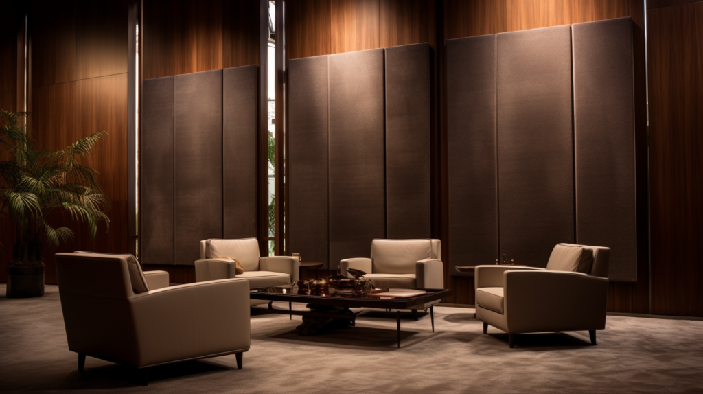
Image Prompt:
Envision a captivating image showcasing the luxurious and sophisticated appeal of AlphaSorb® Fabric Wrapped Panels in SoundSuede™ Fabric. The panels are elegantly displayed in a refined setting, their suede appearance exuding a sense of opulence. Soft, ambient lighting enhances the texture and richness of the fabric. The seamless integration of these panels into the upscale décor of the room symbolizes the perfect blend of aesthetic appeal and high-performance sound absorption.

Alternative Text:
A visually stunning display of AlphaSorb® Fabric Wrapped Panels in SoundSuede™ Fabric, known for their luxurious suede appearance. The image captures the panels in a refined setting, where the fabric's sophistication adds an elegant touch to the overall aesthetic. Despite its opulent look, SoundSuede™ Fabric maintains its functionality, providing effective sound absorption for acoustic treatment. The seamless integration of these panels into the upscale decor showcases a perfect synergy between style and performance in acoustic panel design.