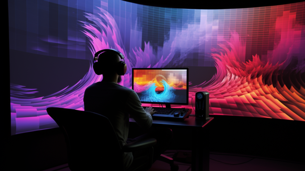 An image portraying the use of software tools for sound diffuser placement. A person interacts with advanced acoustic simulation software, manipulating virtual diffuser positions in a room. Colorful visualizations illustrate how sound waves interact, aiding in precise placement decisions. These tools offer a technological solution to achieve optimal acoustics.