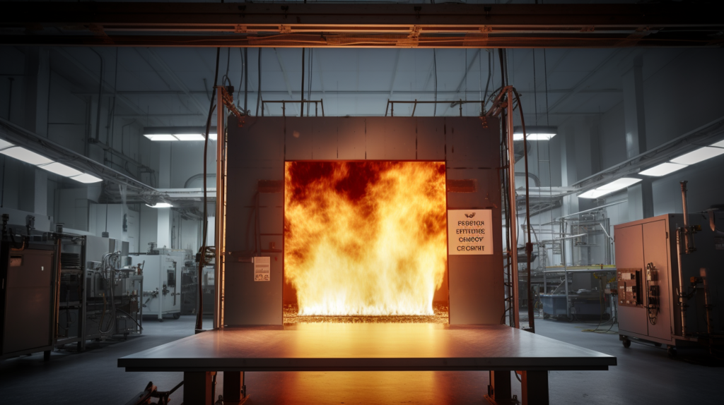 A controlled fire test for a flame-resistant acoustic panel conducted in a certified laboratory. The image illustrates the panel's capacity to resist ignition and impede the spread of fire, highlighting its commitment to fire safety. Safety experts closely monitor the test using modern equipment, ensuring that the panel meets the rigorous standards set by certifications like ASTM E84 in the U.S. or the Euroclass system in Europe. This meticulous approach provides users with confidence in the fire-retardant qualities of the acoustic panels.