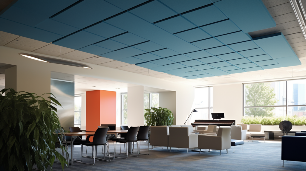 Embark on a visual journey exploring often neglected surfaces in the battle against noise intrusion—floors and ceilings. The image features an individual recognizing the importance of addressing both airborne and impact noise. Visualize the use of polyester acoustic panels for ceilings, offering an affordable and effective solution against airborne noise from upper floors, with emphasis on the straightforward installation process. Shift focus to floors, showcasing the simplicity and effectiveness of using carpets or rugs to reduce impact noise, selecting thick, plush rugs with a dense weave for optimal results. Highlight the potential for enhanced sound absorption with a rug pad underneath. For those facing significant airborne noise through the floor, visualize the layering of additional soundproofing materials beneath the carpet or rug, such as mass-loaded vinyl or layers of drywall, for a customized DIY underlayment. Encourage a hands-on approach with options like drop ceilings or ceiling baffles, acknowledging their effectiveness in disrupting sound waves but noting the potential for higher cost and labor. This visual representation aligns with the article's focus on accessible and diverse methods for soundproofing floors and ceilings
