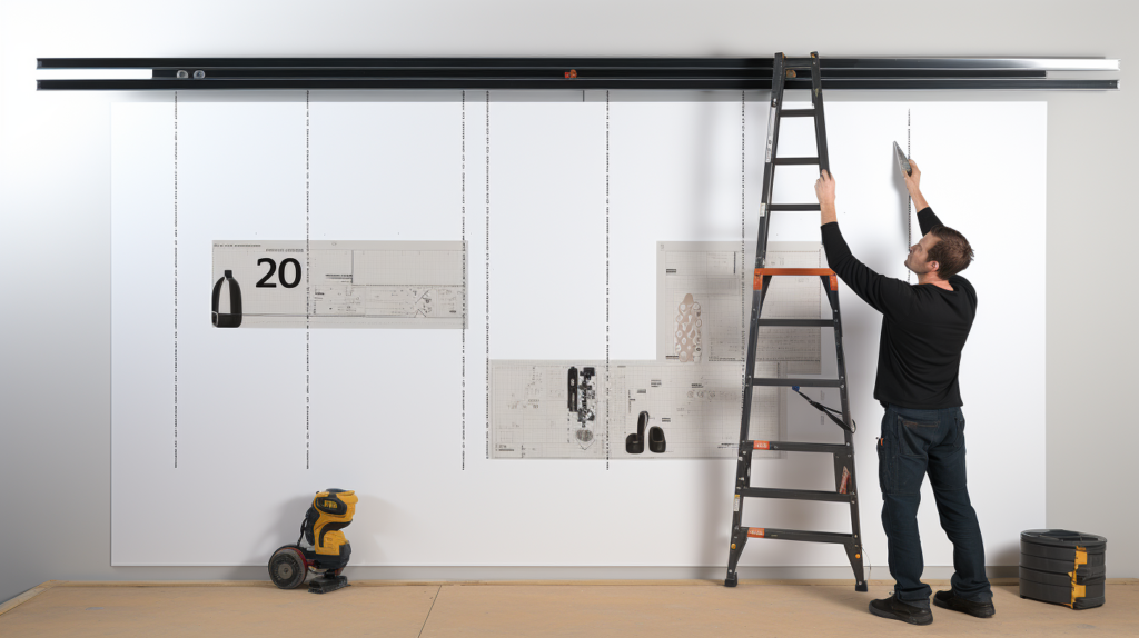 A visual representation displays the tools and materials required to hang acoustic panels. Neatly arranged tools, including a drill, screws, wall anchors, and a stud finder, represent the basic requirements for wall installations. Additional hardware such as ceiling hooks or suspension systems is highlighted for ceiling installations. Various types of screws and anchors, each suitable for different panel materials and wall or ceiling surfaces, are organized in a clear and concise manner. The setting is a well-lit workspace, symbolizing the preparedness and organization needed for a successful acoustic panel installation project.