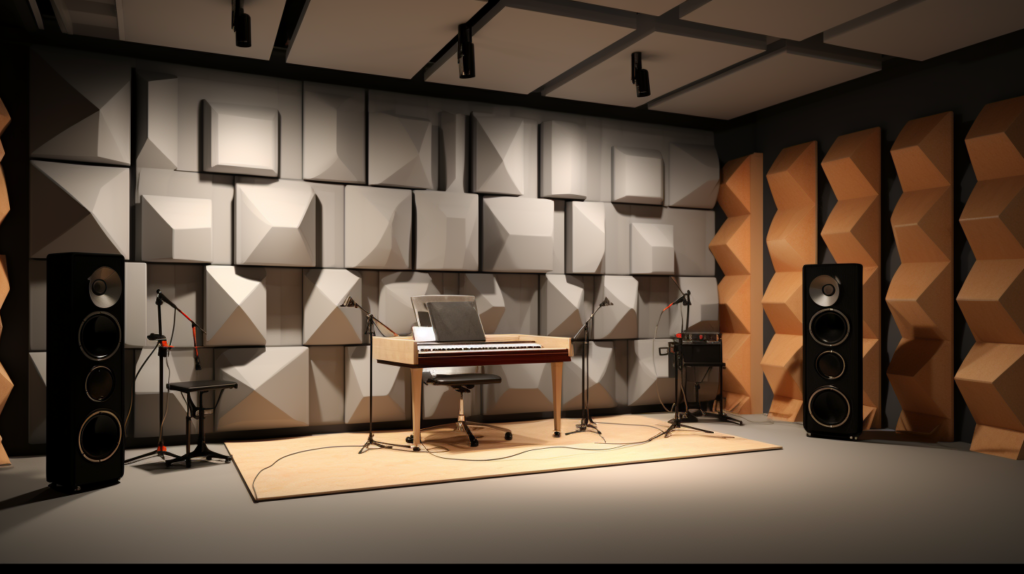 The image exemplifies situations where acoustic treatment takes precedence. On the left, a recording studio features strategically placed acoustic panels and bass traps, emphasizing the role of acoustic treatment in achieving pristine sound quality for professional recordings. On the right, a home theater showcases the application of acoustic treatment elements for an immersive and clear audio experience, highlighting the effectiveness of this method in refining internal sound within specialized spaces