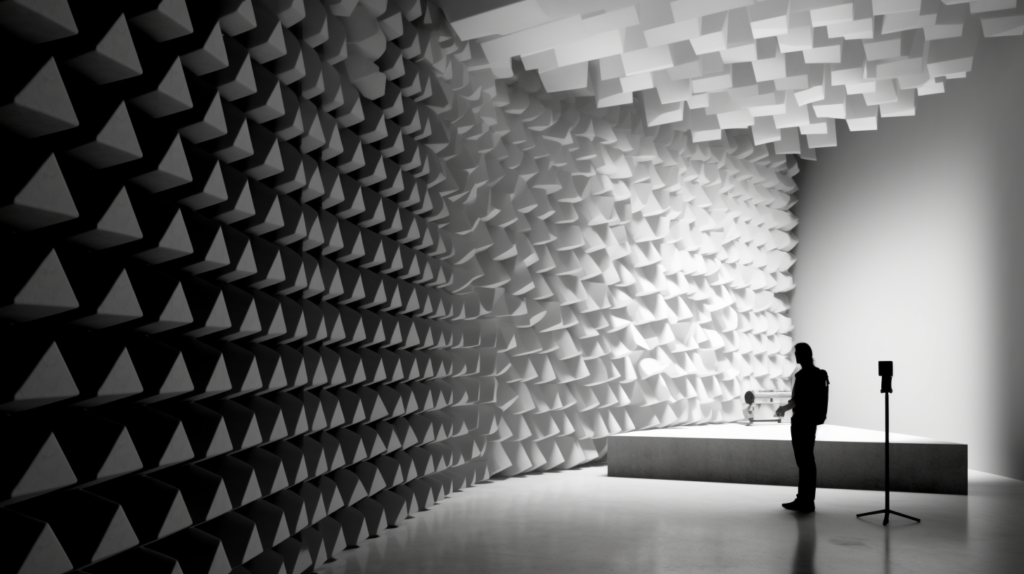 A visual exploration of acoustic foam shapes in a recording studio. The image showcases a recording space with both pyramid-shaped and wedge-shaped acoustic foam panels strategically placed on walls. Sound waves interact with the foam, illustrating their absorption properties. The visual emphasizes that, in the context of high-frequency sounds and flutter echo, the shape becomes a secondary concern compared to the inherent sound-absorbing capabilities of the foam. This image conveys that while shape may play a role, factors like density and thickness are more crucial for effective sound absorption in a recording studio