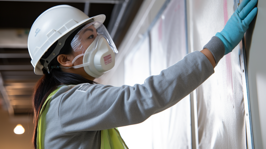 A skilled installer wearing a 3M N95 mask while securing fabric-wrapped acoustic panels in a well-ventilated space. The image underscores the importance of respiratory safety during installation. The use of specialized respiratory protection aims to filter out airborne fibers, mitigating the risk of respiratory irritation. Strategically placed fans in the background contribute to improved air circulation, reducing the concentration of particles in the installation area. This visual representation highlights the installer's commitment to meticulous work and creating a safe environment for both short-term and long-term respiratory health.
