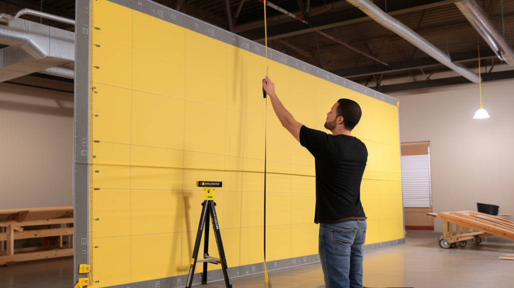 A series of images illustrates the essential steps to take before hanging acoustic panels. In the first image, a person measures the square footage of the intended space using a tape measure and notebook, emphasizing the importance of accurate measurements. The atmosphere is organized and focused. In the next image, the person assesses the structural integrity of walls or ceilings, inspecting the surface for sturdiness. A close-up shot highlights details such as the age of the building and potential load-bearing concerns. The setting is a well-lit room with neatly arranged acoustic panels, ready for installation, symbolizing the preparedness before the actual hanging process begins.