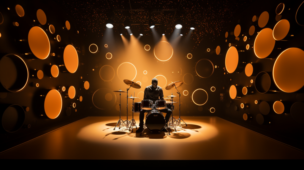 An immersive snapshot of a drummer in action within a meticulously soundproofed drum room. Vibrant and passionate, the drummer's beats are contained within the room's acoustic shield—comprising acoustic panels and bass traps. This image reflects the crucial interplay between the drummer's dedication and the protective cocoon of soundproofing, emphasizing its indispensable role in preserving both the musical sanctuary and the peace of the surrounding neighborhood