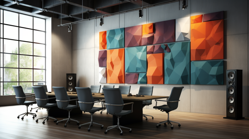 A visual representation contrasts the advantages and disadvantages of using acoustic art panels. On the favorable side, a room adorned with fabric-wrapped panels featuring vibrant custom designs highlights the aesthetic flexibility and improvement in room acoustics. In the background, spaces like a home theater, studio, and office meeting room symbolize the advantageous impact on sound clarity. On the challenging side, an image portrays the cost factor, representing acoustic art panels as a significant investment. Another visual depicts sound waves entering and leaving the room, emphasizing the limitation of these panels in soundproofing capabilities.
