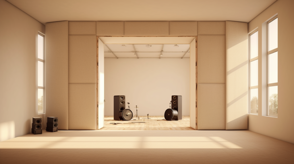 A visual representation of sound optimization techniques. On the left, a room fortified with dense soundproofing materials, standing as a resilient shield against external noise. On the right, lighter and porous acoustic treatment elements contribute to a refined audio environment, eliminating issues like echo and reverb. This image symbolizes the symbiotic relationship between soundproofing, focused on isolation, and acoustic treatment, dedicated to elevating the internal sound quality within a designated space