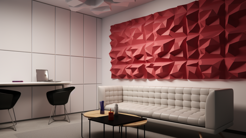 An artistic representation of a room adorned with acoustic foam panels, demonstrating the aesthetic versatility of foam choices. Panels in black, grey, blue, and beige subtly blend into the background, while bold colors like purple and red project energy. Smaller 12" x 12" panels create dynamic patterns, and larger 24" x 48" tiles cover space efficiently. Diverse foam shapes, diffuser panels, and textured or fabric-wrapped options add visual interest. The image captures the essence of designing a space that balances functionality with aesthetics, encouraging users to explore various foam options for a customized and visually stunning acoustic environment