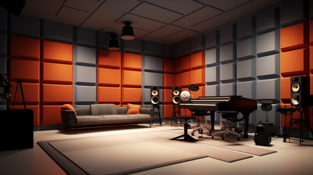 A meticulously designed recording studio adorned with acoustic foam panels, symbolizing the critical role of foam density and quality in acoustic excellence. Open-cell foams, displayed in porous arrangements, absorb a broad frequency range, while denser foams at 1.5 to 2 lbs/cubic ft tackle mid to low frequencies down to 250Hz. The UL fire-rated symbol ensures safety, cautioning against lightweight alternatives. The image captures the harmony of form and function, exemplifying the significance of quality studio foam for optimal sound absorption and clarity
