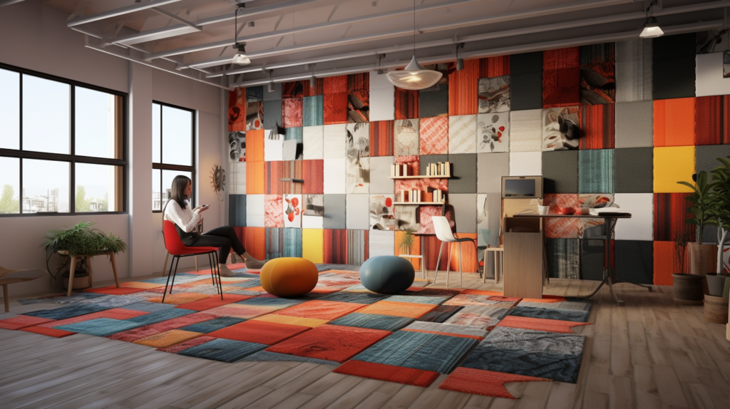 Visual representation of budget-friendly soundproofing solutions: A room adorned with vibrant carpets and rugs, illustrating their dual purpose in enhancing aesthetics and reducing noise. Another scene shows a musician using repurposed old mattresses to soundproof a practice space, showcasing creative and economical solutions. A third segment displays strategic furniture placement, emphasizing the use of heavy furniture as sound barriers to effectively reduce noise levels. The image inspires practical and cost-effective approaches to achieve quieter living spaces.