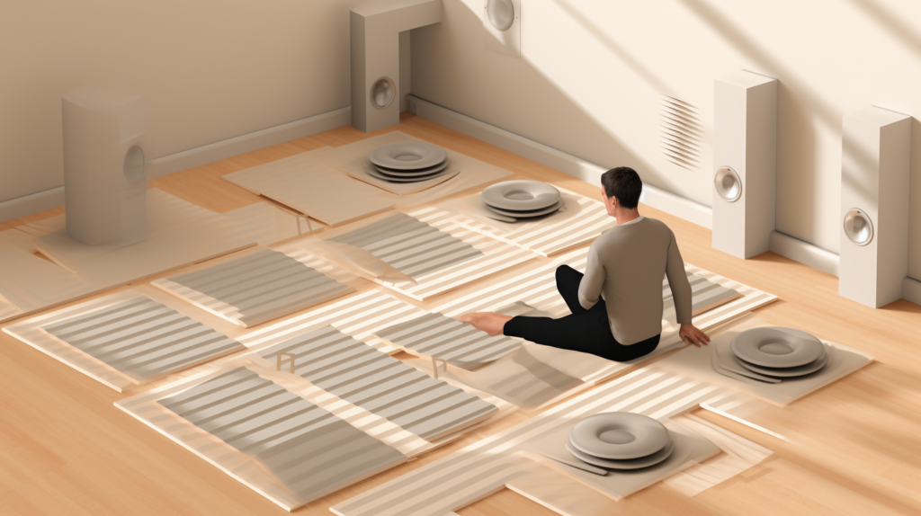 Visual depiction of common mistakes in floor soundproofing: A person choosing lower-quality materials, conveying the temptation to skimp on quality for short-term savings. Another scene shows sound waves bypassing a soundproofed floor through walls and ceilings, illustrating the oversight of ignoring flanking paths. The image highlights the significance of investing in quality materials and considering comprehensive soundproofing measures for a successful project
