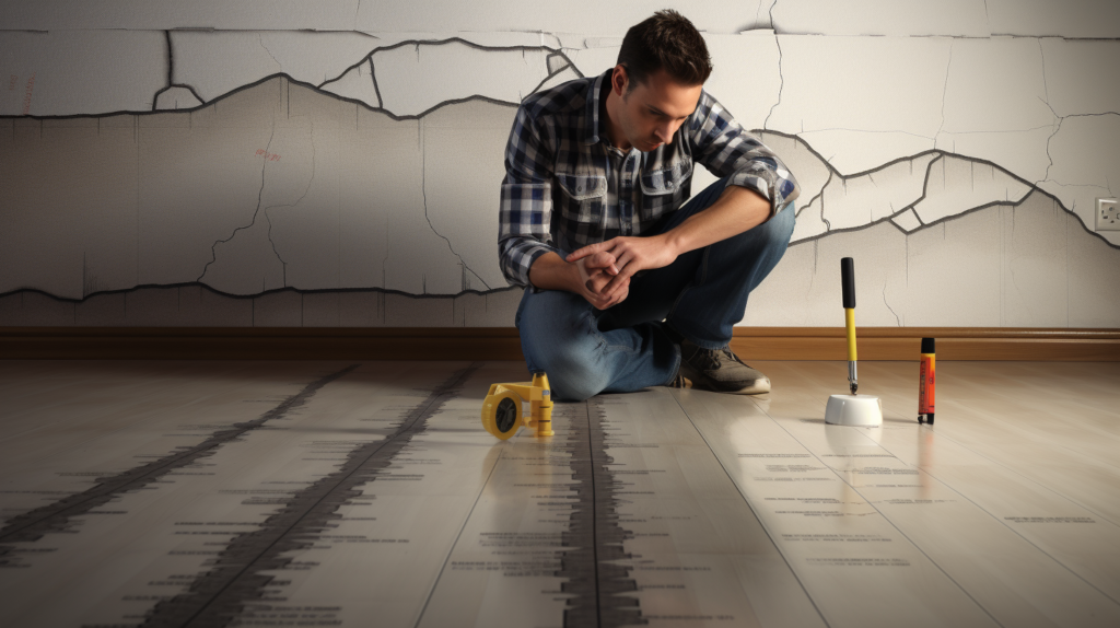 Image of a person conducting a detailed inspection of their floor, measuring tape in hand. The picture highlights the importance of assessing the floor's condition before soundproofing. Visual elements represent common floor issues, reinforcing the significance of addressing any damage or wear before applying soundproofing materials.