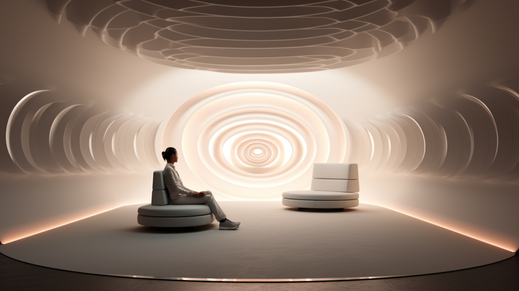 An illustrative image depicting the installation process of a sound diffuser for maximum effectiveness. In one scenario, a selected diffuser type is strategically placed on the rear wall behind the listening position, creating an immersive sound field. Another scenario shows ceiling placement to combat reflections. The image underscores the significance of experimenting with placement and seeking professional advice to ensure optimal results when installing sound diffusers.