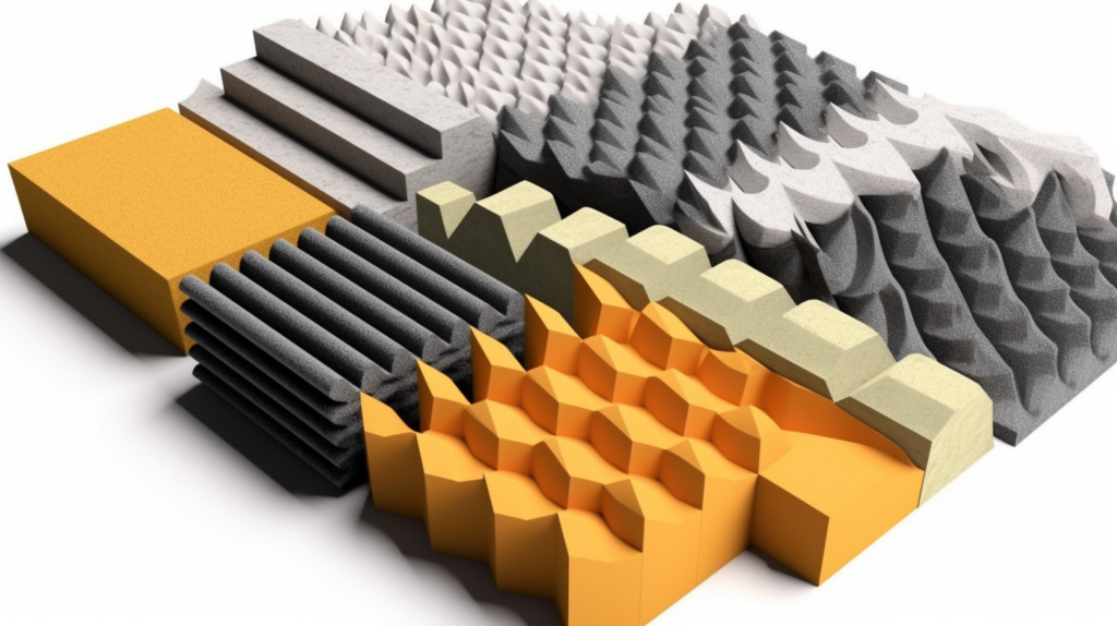 A visual exploration of the unique characteristics of acoustic foam in a recording studio. The image compares acoustic foam with other soundproofing materials like mineral wool and fiberglass, emphasizing its lightweight nature and easy installation. Various shapes and sizes of acoustic foam panels are featured to showcase their versatility. Sound waves interact with acoustic foam, highlighting its effectiveness in absorbing high-frequency sounds and reducing flutter echo. This visual representation underscores the distinctive qualities that make acoustic foam a preferred choice in the recording industry