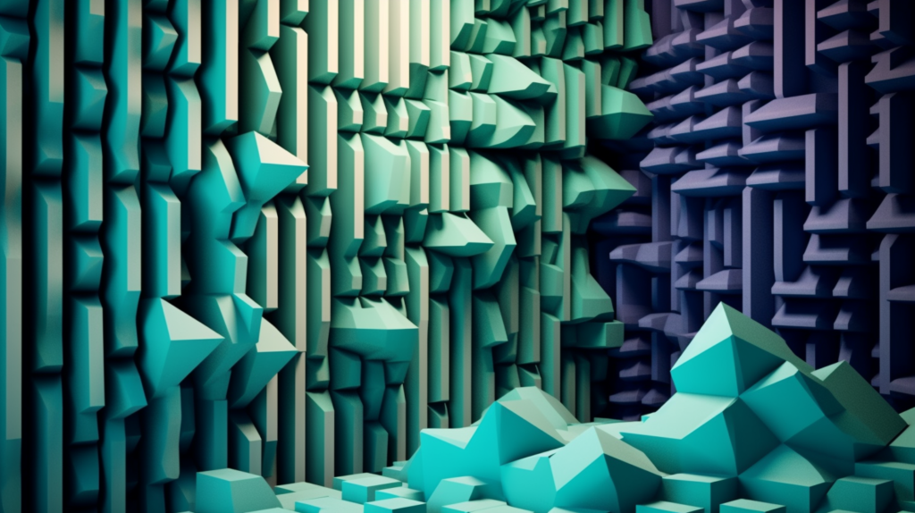 A visual exploration of specialized shapes of acoustic foam in a recording studio. The image features various shapes, including egg-crate, spade, and bass traps, strategically placed on walls. Sound waves overlay the image to illustrate their claimed benefits in targeting specific sound frequencies or offering enhanced sound diffusion. The visual prompts consideration about the necessity of these specialized shapes in a recording studio primarily concerned with flutter echo and high-frequency sound absorption. This image encourages reflection on the practicality of using specialized shapes to address specific acoustic needs in a focused environment
