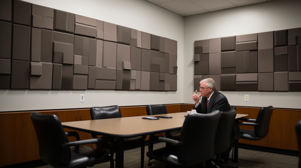 A room featuring well-preserved acoustic panels, signaling their durability and long-term safety. An individual conducts a meticulous inspection, checking for any signs of wear or degradation that might affect the panels' effectiveness. The image communicates the importance of regular maintenance in maintaining the safety features of the panels over time. The enduring quality of the acoustic panels, coupled with proactive inspection, assures users of a sustained commitment to safety and acoustic performance.