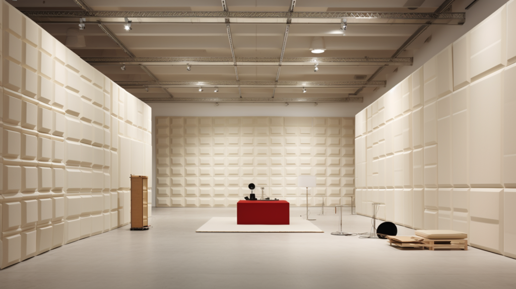 A room featuring chic polyester acoustic panels, showcasing their stylish design and safety features. The panels contribute to a cozy atmosphere while subtly emphasizing their fire-resistant and low VOC emission properties, promoting a healthier indoor environment. In the background, hints of recycled materials nod to the eco-friendly manufacturing process, aligning with the panels' sustainability aspect. The image reflects a harmonious blend of safety, style, and environmental consciousness, making polyester acoustic panels an appealing and responsible choice for those prioritizing both aesthetics and well-being.