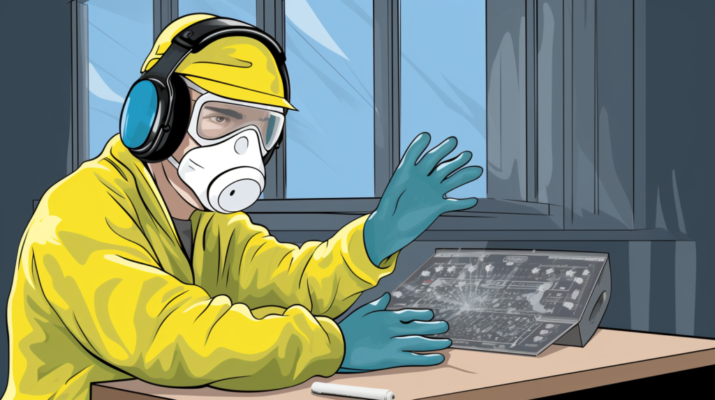 A safety-focused visual guide to DIY bass trap creation. The image features a person equipped with protective gloves, emphasizing the importance of shielding hands from potential irritants like fiberglass. Additionally, the DIY enthusiast is working in a well-ventilated area, highlighting the significance of proper ventilation to disperse any fumes from adhesives or materials. This image serves as a reminder to prioritize safety gear and ventilation when undertaking DIY projects for a bass trap, ensuring a secure and healthy working environment