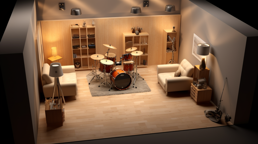 A striking visual representation of the distinction between soundproofing and acoustic treatment. On one side, a drummer thrives in the soundproofed sanctuary, shielded from external disruptions. On the opposite side, a musician fine-tunes the internal sound quality with diffusers and absorbers, creating a space that enhances clarity and dynamics. This image encapsulates the complementary roles of soundproofing and acoustic treatment in crafting an optimal musical environment.