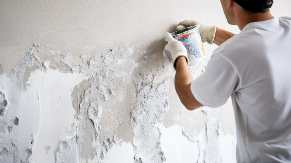 An image illustrating the final steps of cleaning and repairing the wall or ceiling surface after removing acoustic panels. A person, using a putty knife, applies wall filler or spackle to patch holes left from screws, nails, or brackets. The careful application and smoothing process highlight the precision required for a seamless repair. In the background, paint cans and brushes signify the next step of painting to match the repaired areas with the existing surface. This visual reference aids individuals in understanding the meticulous process of restoring the wall or ceiling to its original condition after acoustic panel removal, ensuring a polished and cohesive appearance.