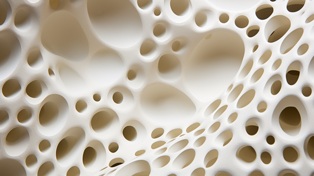 Detailed close-up of a perforated acoustic panel showcasing precision-engineered holes on the surface. Cross-section view reveals the inner layers with sound-absorbing materials like fiberglass and mineral wool, effectively capturing and dissipating sound waves for enhanced room acoustics
