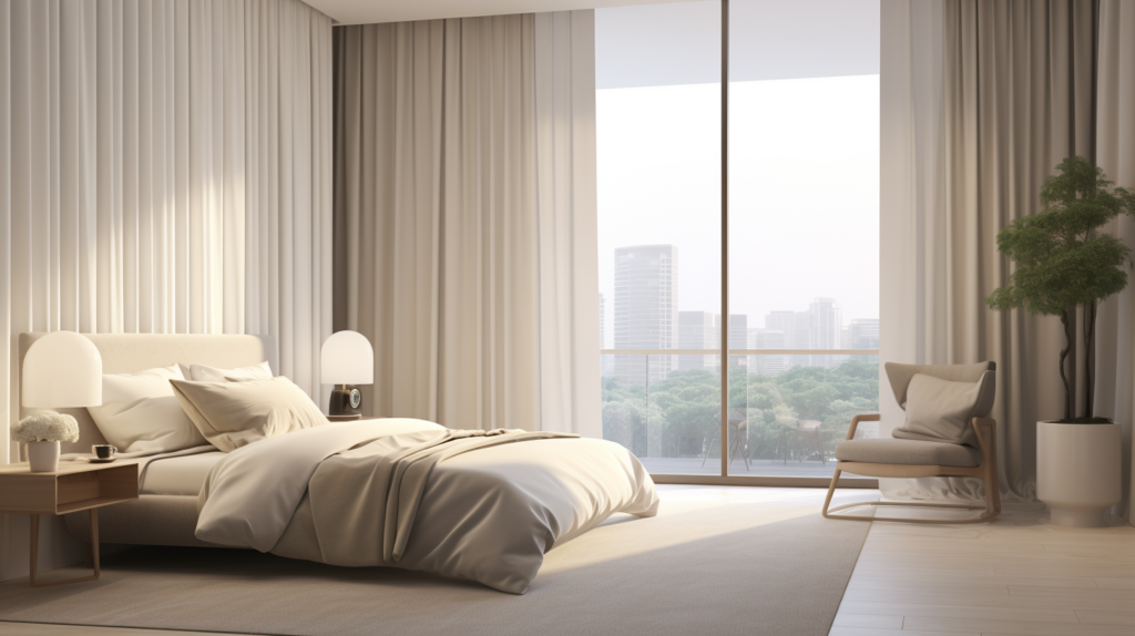 Step into a visual narrative of enhanced living with the introduction of soundproof curtains. In this image, a bedroom emerges as a sanctuary, shielded from the urban clamor by the gentle embrace of soundproof curtains. The soft glow of light enhances the serene atmosphere, a testament to the curtains' ability to transform the auditory landscape. Beyond aesthetics, these curtains stand as guardians of well-being, addressing the disruptive impact of noise on sleep and concentration. A cost-effective alternative to extensive renovations, the curtains gracefully blend practicality and elegance, making them an indispensable solution for those seeking respite in the midst of urban hustle