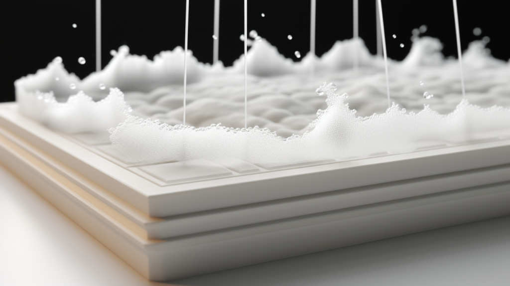 Visual representation of sound waves encountering a barrier of styrofoam, highlighting its lightweight nature. An overlay displays STC ratings, showcasing the limitations of styrofoam in contrast to more effective soundproofing materials. The image emphasizes the principle that mass stops sound, comparing the density and weight of styrofoam with a material renowned for soundproofing
