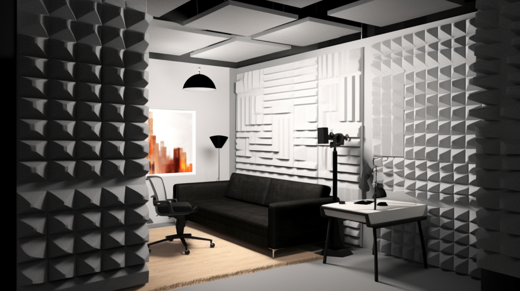 "A visual comparison between acoustic foam and polyester acoustic panels in a recording studio. The image showcases a room divided into two sides—one side featuring traditional acoustic foam panels and the other side with larger polyester acoustic panels. Sound waves overlay the image to illustrate their respective sound absorption capabilities. The visual emphasizes the aesthetics of polyester panels in commercial settings like offices or cafes, contrasting it with the targeted benefits of acoustic foam in a recording studio focused on flutter echo and high-frequency sounds. This image aims to highlight the considerations between the two options, emphasizing the suitability of acoustic foam for recording studio environments
