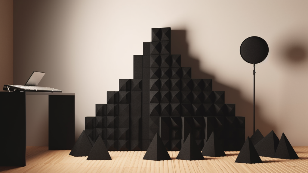 A visual comparison between wedge and pyramid foam in a recording studio. The image showcases a room with one side featuring strategically placed wedge-shaped acoustic foam panels and the other side with pyramid-shaped panels. It highlights the balanced sound absorption and cost-effectiveness of the wedge shape, contrasting it with the multi-angled design of pyramid foam, known for its effectiveness in absorbing higher-frequency sounds. Sound waves overlay the image, illustrating the acoustic properties of each foam shape. This visual guide aims to provide a closer look at the advantages and disadvantages of wedge and pyramid foam, assisting individuals in making informed choices based on their specific recording studio needs
