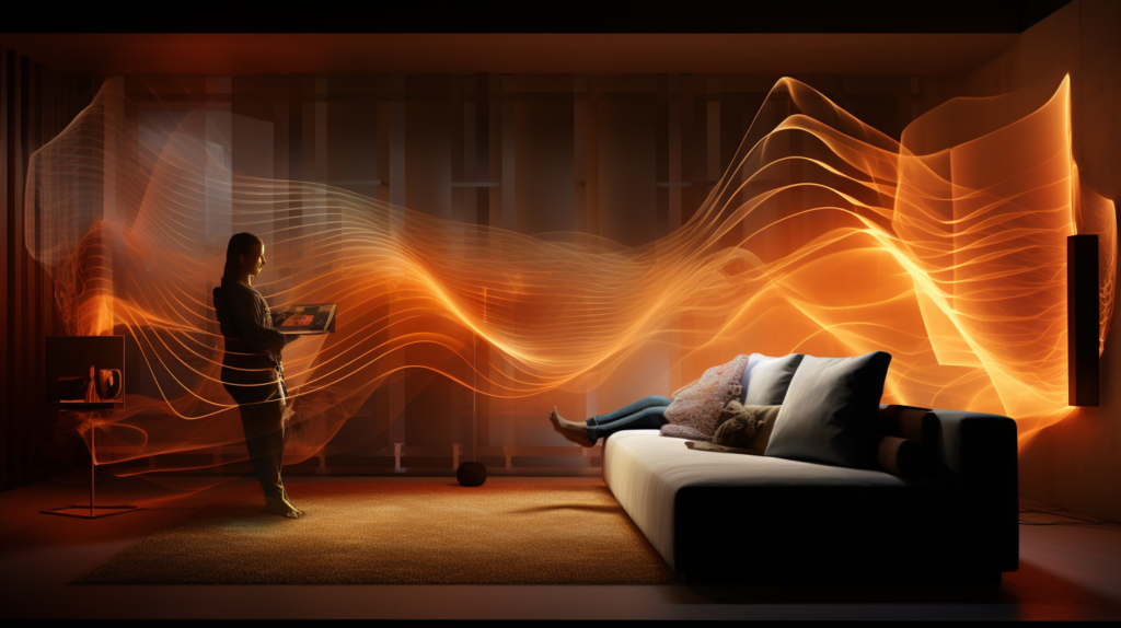 An illustrative image representing the introduction to the comprehensive guide on sound diffusers. Scenes of a recording studio, home theater, and a stylish living space depict the diverse applications. Sound waves transition from chaos to harmony as they encounter strategically placed sound diffusers, emphasizing the transformative effect on acoustics for recording artists, home theater enthusiasts, and anyone seeking optimal sound quality.