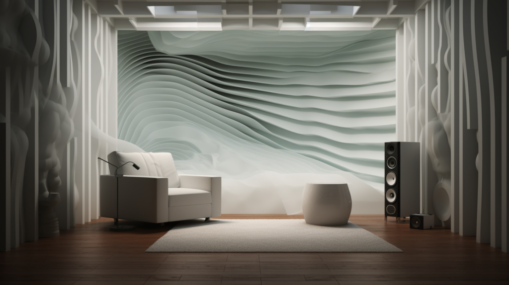 A captivating image illustrating the introduction to the comprehensive guide on sound diffusers. A room with distorted sound waves and an underwater feel conveys the impact of bad acoustics. In the foreground, a stylized sound diffuser symbolizes the transformative solution, setting the stage for a deep dive into the world of sound diffusion.