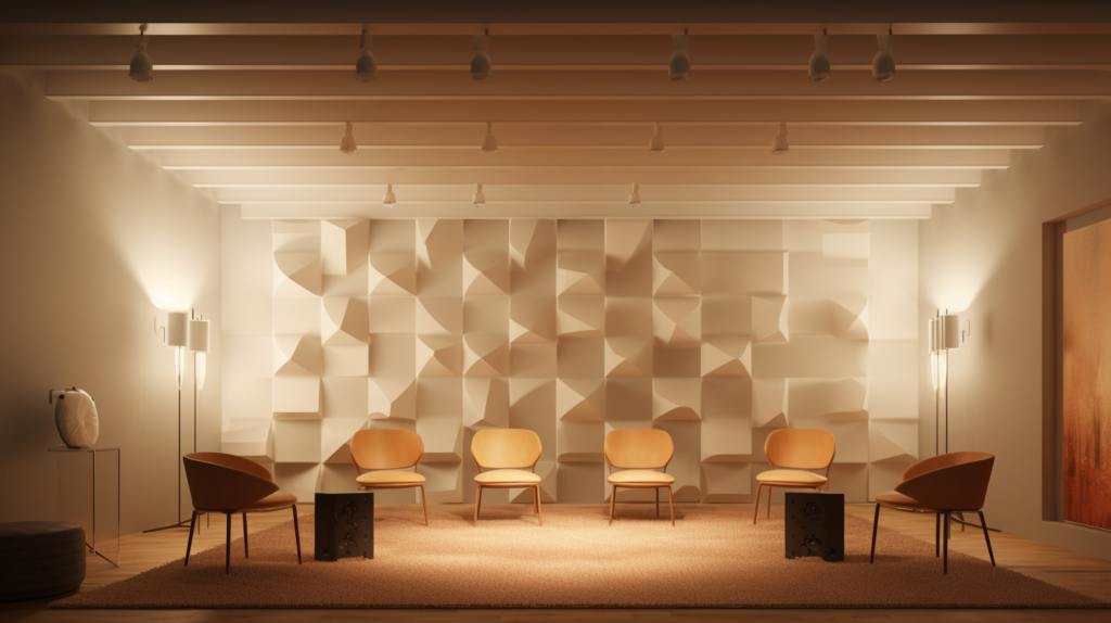 An artistic representation showcasing optimal sound diffuser placement in a room. Diffusers elegantly adorn the rear wall behind the main listening position, the ceiling, and the corners. This strategic placement enhances the listening experience, scattering sound waves and creating a balanced and immersive acoustic atmosphere.