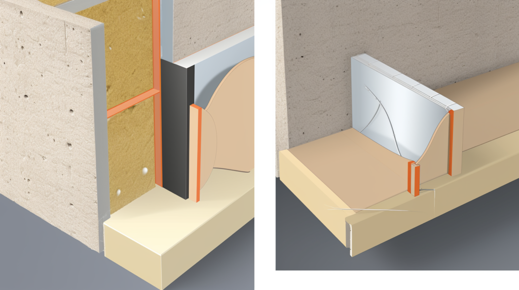 The first image depicts the sealing of gaps and cracks in a concrete wall using acoustic sealant. The second image illustrates the construction of a hollow wall stud frame in front of the concrete wall, along with the installation of soundproofing foam, resilient channels, and drywall to create an effective soundproofing barrier.