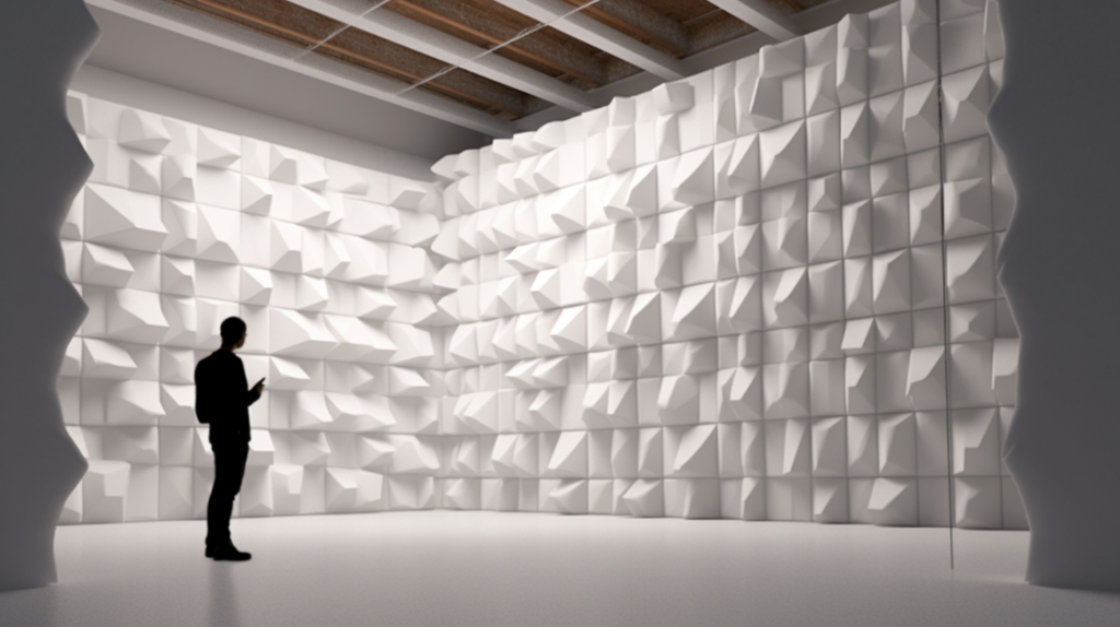 an illustrative representation of a room transformation using strategically placed acoustic foam panels. Picture a room with poor acoustics, represented by sound waves bouncing chaotically off reflective surfaces. As the guide introduces the benefits of acoustic foam, imagine the gradual improvement in the room's sound environment. Show the step-by-step process of placing foam panels strategically on walls, ceilings, and corners. Demonstrate how these panels absorb sound waves, reduce reverb and unwanted reflections, ultimately creating a more controlled and pleasant listening environment. This image aims to complement the guide by providing a visual narrative of the impact of acoustic foam on room acoustics