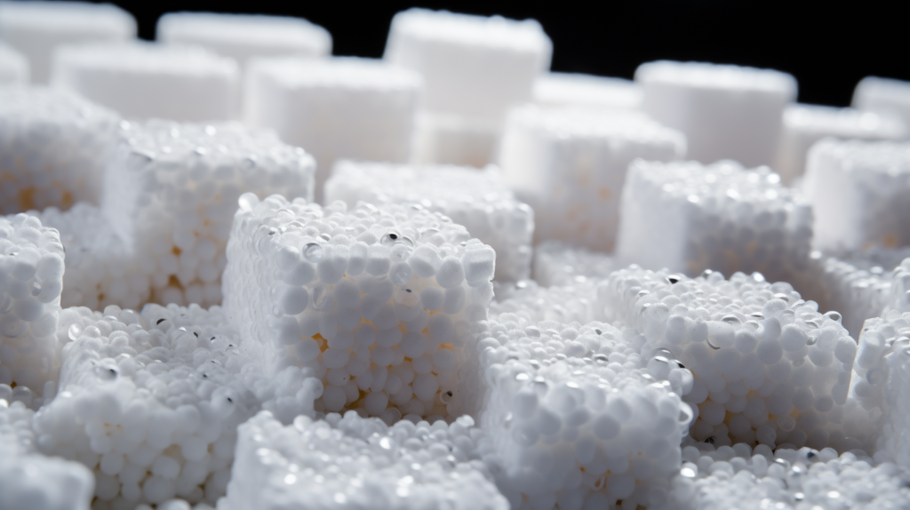 An illustrative representation showcases styrofoam as a modern material with unique properties. The image highlights the structure of styrofoam, comprised of millions of tiny closed cells filled with air, emphasizing its insulating properties against temperature. Versatile uses of styrofoam, from building insulation to coffee cups, are symbolized. However, the image hints at the debate surrounding its efficacy in soundproofing, acknowledging the distinct mechanisms by which heat and sound travel and interact with materials