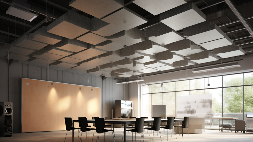 The image showcases the installation of a drop ceiling with a suspended grid on an existing concrete ceiling. Acoustic tiles are inserted into the grid to enhance sound insulation, contributing to a more acoustically controlled space.