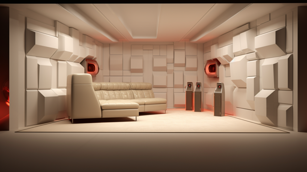 A visual exploration of the nuanced approach to bass trap placement based on the intended use of the room. The image transitions from a home theater setup with surround sound systems, showcasing strategic placement in corners and multiple angles, to a music production studio with a centralized 'sweet spot' requiring nuanced trap placement. The final scene depicts a casual listening room or audiophile setup, emphasizing a versatile acoustic treatment. This visual guide underscores the importance of tailoring bass trap placement to the unique needs of each room based on its intended use