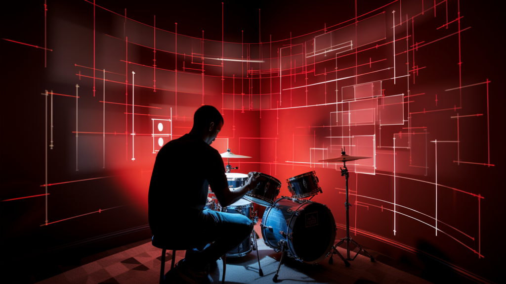 An engaging visual representation of the thoughtful and step-by-step process of soundproofing walls in a drum room. The drummer, immersed in identifying weak spots, symbolizes the strategic approach to the project. Simultaneously, a cross-section of a wall reveals the labor-intensive yet highly effective method of inserting soundproofing foam between studs. This image encapsulates the drummer's commitment to cost-efficient improvements, showcasing the transformative journey of building a noise-resistant sanctuary, one step at a time