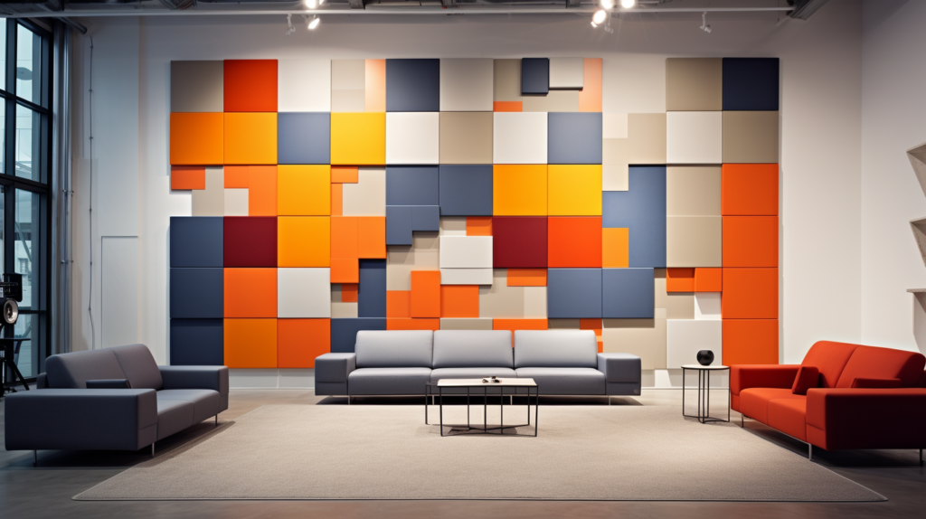 An image illustrating the elegance of a flush installation of acoustic panels in a room. The floor-to-ceiling and wall-to-wall panels, made of polyester in a diverse color palette, create a seamless and visually stunning effect. The clean and uninterrupted surface enhances both the acoustics and aesthetics of the space, providing a cohesive and intentional design. The image showcases the transformative power of good acoustic panels, demonstrating their ability to seamlessly integrate into the architectural design and contribute to the overall sophistication of the room.