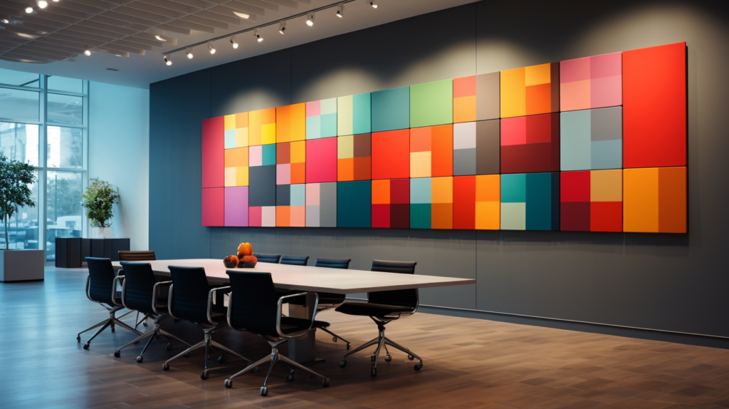 An image portraying the imaginative use of decorative polyester acoustic panels to elevate interior design while maintaining functionality. The room showcases a variety of vibrant panels with unique designs and patterns, forming a visually striking feature. Whether arranged in a gallery wall, creating a focal point behind a seating area, or integrated into a unique pattern, the panels seamlessly blend into the existing aesthetic. The image serves as inspiration for incorporating decorative acoustic panels as both functional and visually appealing elements, enhancing the ambiance of the space.